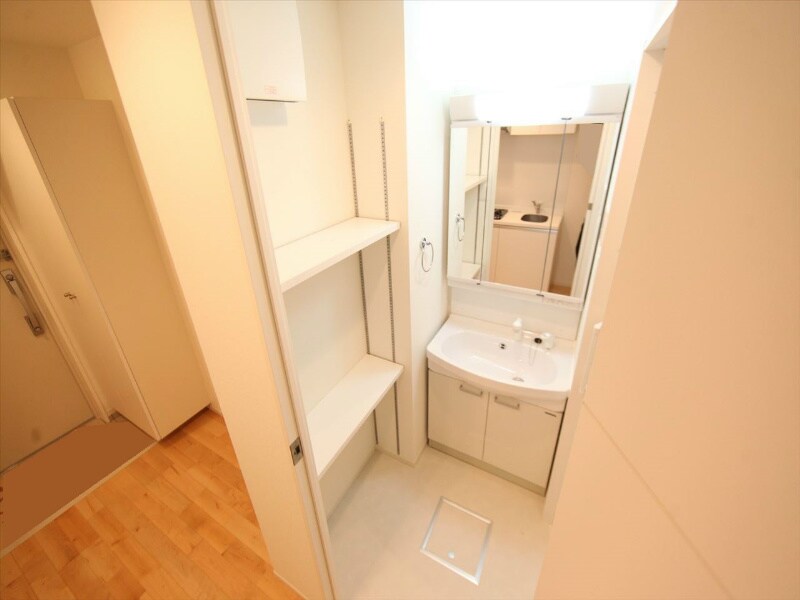 物件内観写真3　(脱衣所　独立洗面台（シャンプードレッサー付）　棚付き)