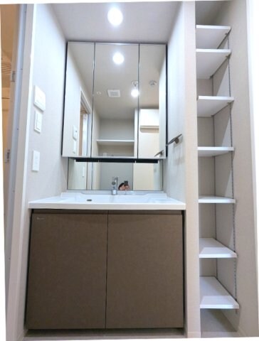 物件内観写真11　(トイレと独立した三面鏡付ハンドシャワー付洗面台です、洗面室に)