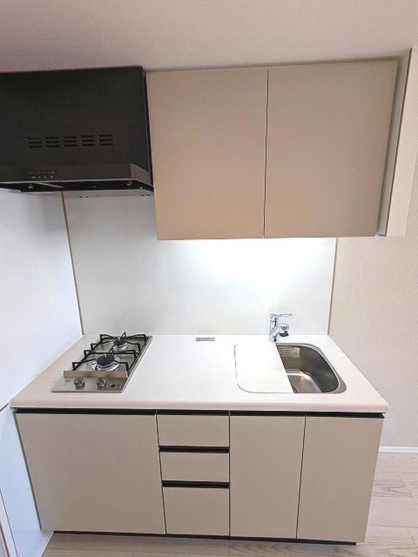 キッチン(ガス2口システムキッチン、広々のシンク)
