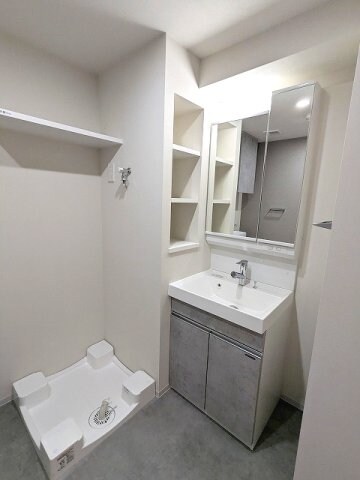 洗面・脱衣所(2面鏡・ハンドシャワー付独立洗面台、洗濯機置場は排水口お手入)