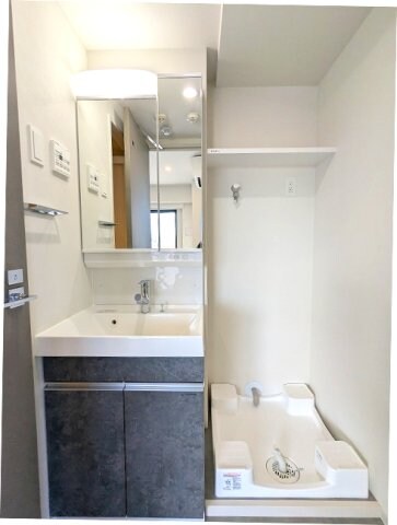 物件内観写真12　(2面鏡・ハンドシャワー付独立洗面台、洗濯機置場は排水口お手入)