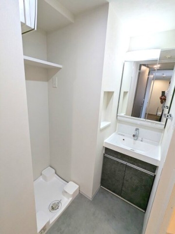 洗面・脱衣所(2面鏡・ハンドシャワー付独立洗面台、洗濯機置場は排水口お手入)