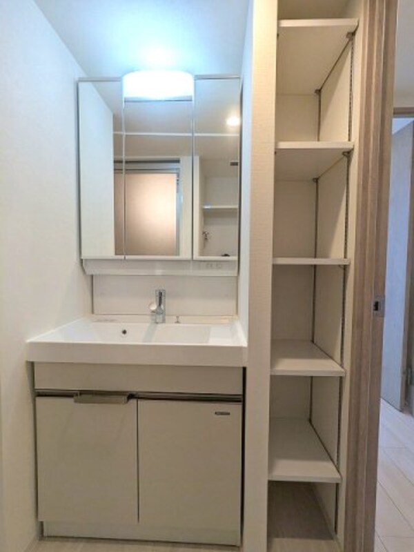 洗面・脱衣所(トイレと独立した脱衣洗面室、三面鏡付ハンドシャワー付洗面台、)