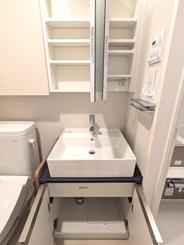 物件内観写真8　(2面鏡付ハンドシャワー付独立洗面台、タオルラックの上にスマホ)