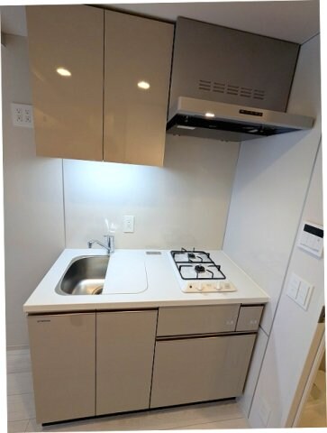 物件内観写真5　(ガス2口システムキッチン、シンクカバー付きで料理しやすいです)