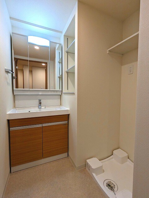 物件内観写真9　(三面鏡付きハンドシャワー付き独立洗面台です、洗濯機置場はお手)