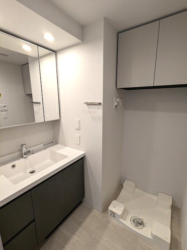 洗面・脱衣所(三面鏡付き、ハンドシャワー付き独立洗面台、洗面台の下にヘルス)