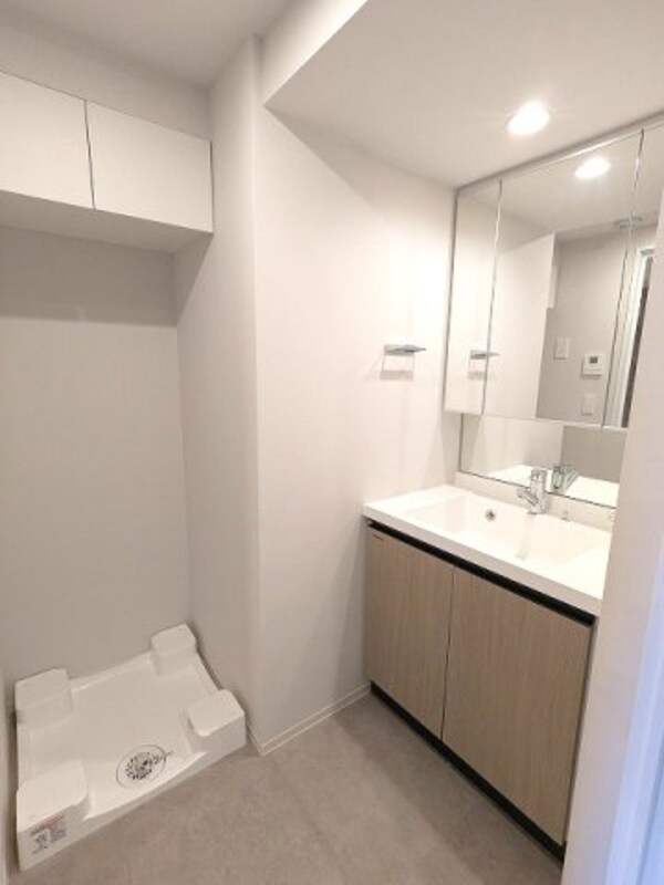 洗面・脱衣所(トイレと独立した洗面室、三面鏡付ハンドシャワー付、鏡の後ろも)