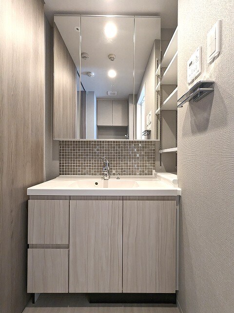 物件内観写真8　(トイレと独立した洗面室、三面鏡付き、ハンドシャワー付き、左下)