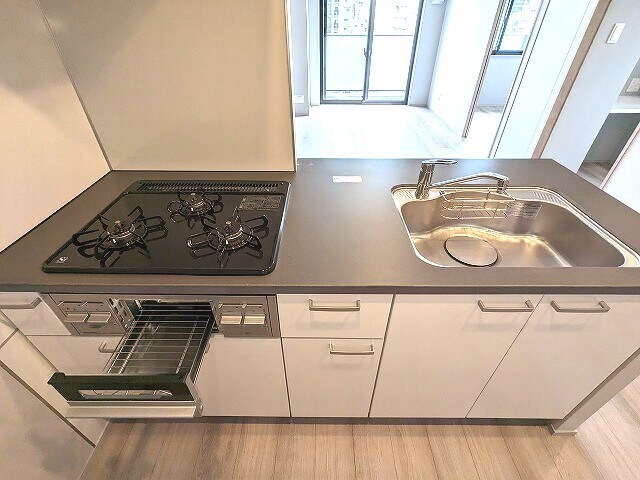 物件内観写真4　(グリル付ガス3口システムカウンターキッチン、瀟洒でお手入れ楽)