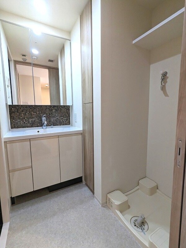 洗面・脱衣所(トイレと独立した洗面室、洗面台の下にはヘルスメーターストック)
