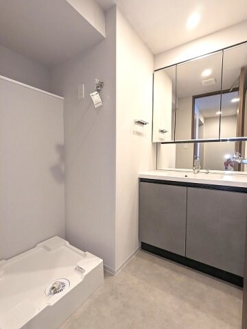 物件内観写真10　(三面鏡付独立洗面室、洗濯機置場は排水口のお手入れがし易い様に)