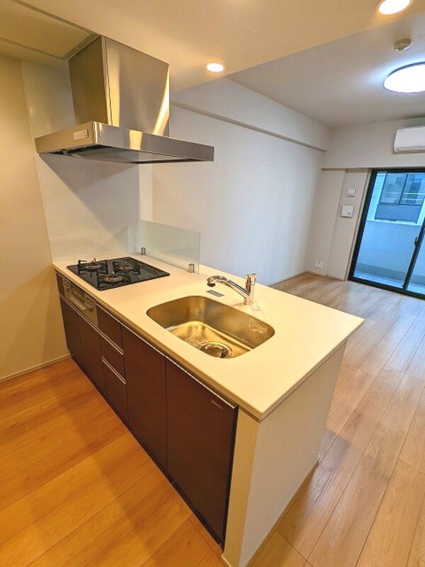建物設備(グリル付きガス３口カウンターキッチン、瀟洒でお手入れ楽なガラ)