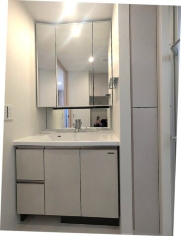 物件内観写真10　(三面鏡付、ハンドシャワー付の独立洗面台、洗面台下にヘルスメー)