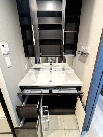 物件内観写真13　(三面鏡付、ハンドシャワー付独立洗面台、システム収納、左下にヘ)