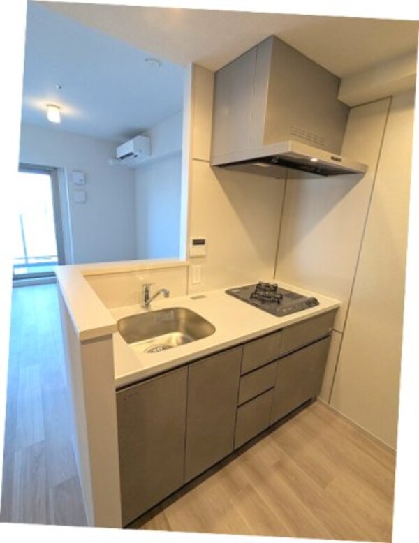 キッチン(ガス2口システムカウンターキッチン、瀟洒でお手入れ楽なガラス)