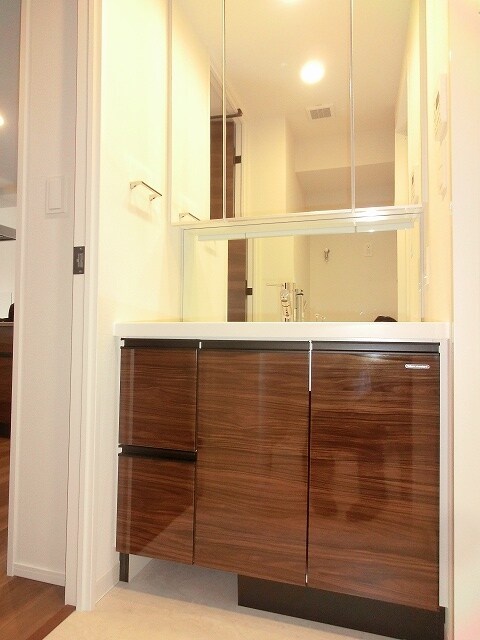 物件内観写真6　(三面鏡付き独立洗面室、左下にヘルスメーターストック付きです)