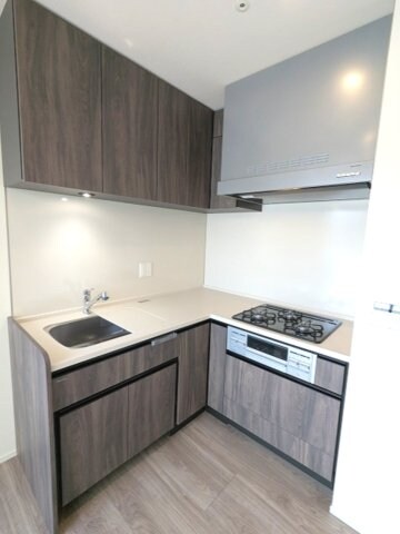 物件内観写真5　(グリル付ガス3口システムキッチン、シンクにプレート付で料理し)