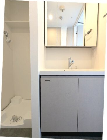 物件内観写真10　(トイレと独立した三面鏡付・ハンドシャワー付洗面台、洗濯機置場)