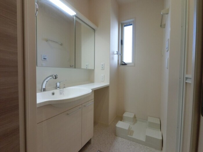 物件内観写真9　(三面鏡（整理棚付き）洗髪洗面化粧台と洗濯機置き場)