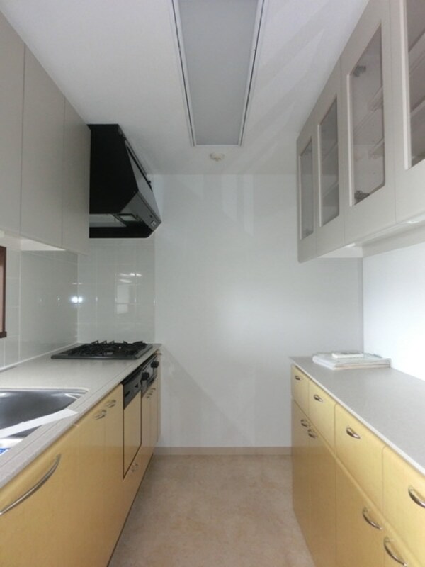 キッチン(３口ガスコンロ設置済み　背面に棚も備え付けております)