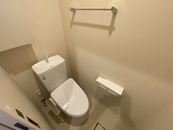 トイレ(トイレ収納とトイレットペーパーホルダーの上にはスマホも置く…)